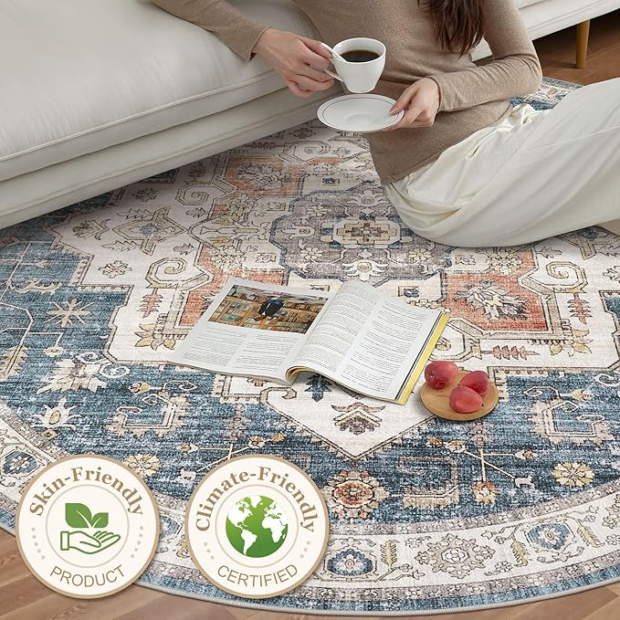 6x6 Round Area Rugs Washable Vintage - Soft Traditional Rugs for Living Room Large Non Slip Backing with Low Pile Farmhouse Oriental Retro Carpet for Bedroom Dining Room or Home Office - Blue