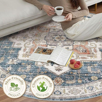 6x6 Round Area Rugs Washable Vintage - Soft Traditional Rugs for Living Room Large Non Slip Backing with Low Pile Farmhouse Oriental Retro Carpet for Bedroom Dining Room or Home Office - Blue