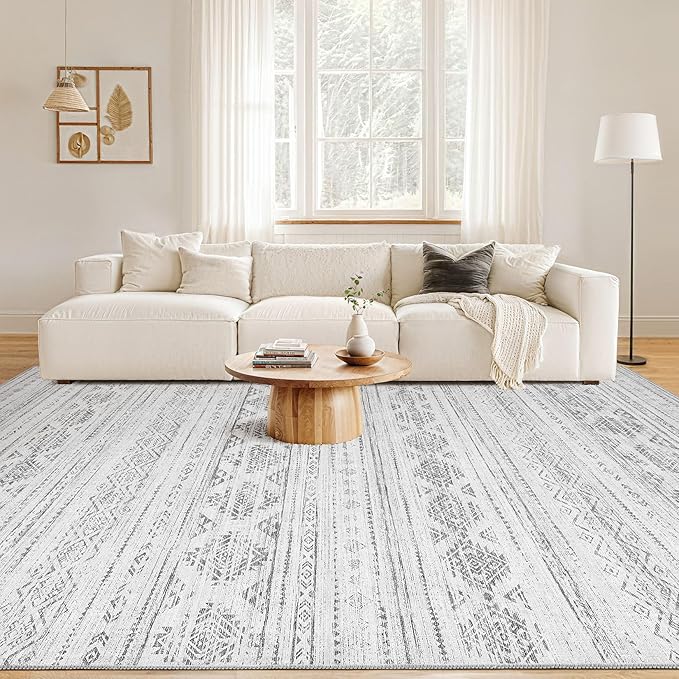 Nakagishi 8x10 Area Rug Living Room: Washable Boho Large Neutral Soft Farmhouse Modern Rugs Stain Resistant Moroccan Non-Slip Indoor Carpet for Bedroom Nursery Kids Office Dining Room- Dark Grey