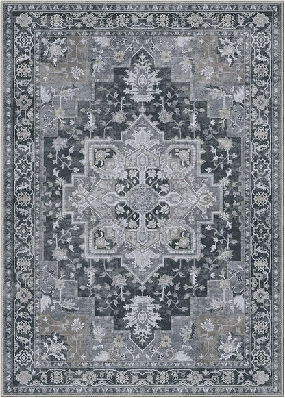 GENIMO 8x10 Area Rugs for Living Room, Machine Washable Non Slip Vintage Rugs, Low Pile Lightweight Chenille Print Rug for Bedroom, Dining Room, Home Office,Dark Gray