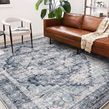 CHAMPLANT Area Rug 6'x9' Dark Blue Washable Vintage Traditional Floor Cover Thin Retro Kitchen Indoor Distressed Non Slip Carpet for Living Room Bedroom Dining Room