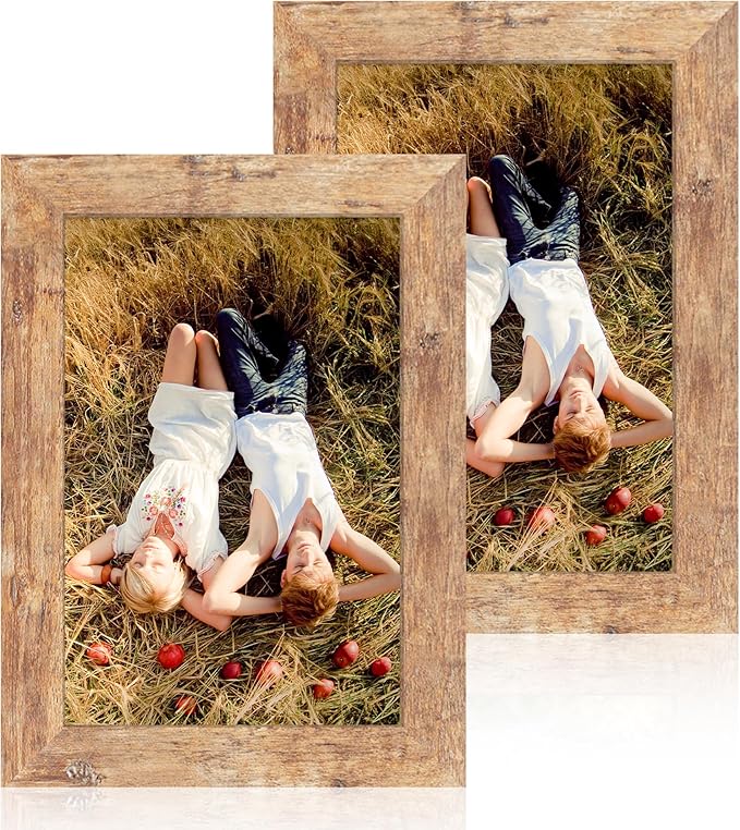 iRahmen 6x9 Picture Frame Set of 2, Rustic Brown Frame with High Definition Glass, 6 x 9 Wood Rustic Photo Frames for Horizontal or Vertical Table Top and Wall Mounting