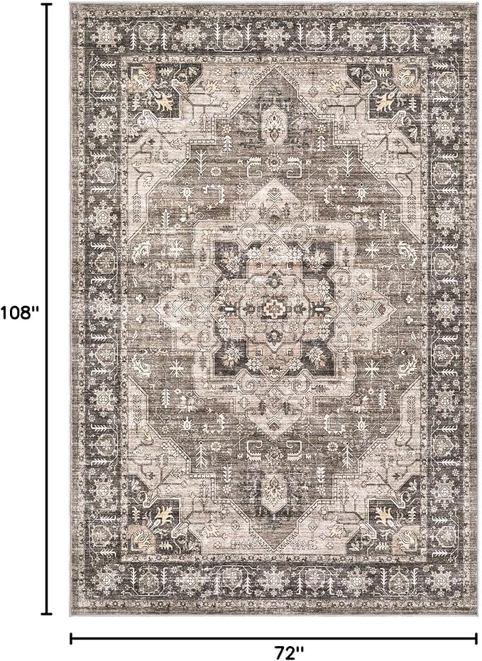 Area Rug 6x9 Washable Vintage - Soft Traditional Rugs for Living Room Large Non Slip Backing with Low Pile Farmhouse Oriental Retro Carpet for Bedroom Dining Room or Home Office - Dark Brown