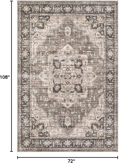 Area Rug 6x9 Washable Vintage - Soft Traditional Rugs for Living Room Large Non Slip Backing with Low Pile Farmhouse Oriental Retro Carpet for Bedroom Dining Room or Home Office - Dark Brown
