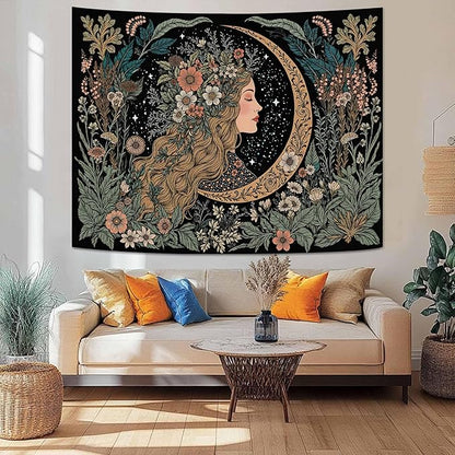 Neasow Moon Girl Floral Tapestry, Botanical Nature Wall Art, Boho Aesthetic Mystic Decor for Living Room Bedroom Home, Green 36x48 inches