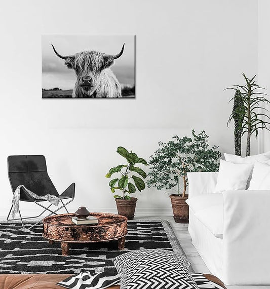 Highland Cow Wall Art Canvas Print Black and White Animal Canvas Picture Framed Art Wall Decor Framed for Bedroom Bathroom (28x44 inch)