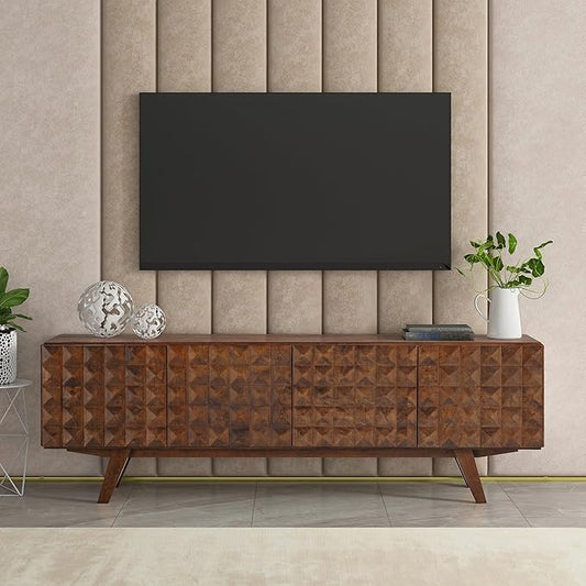 NTC Sapa Mid-Century Modern Solid Wood TV Stand 4-Door Media Console with Carved Geometric Fronts for TVs up to 75", Effortless Assembly, Dark Walnut