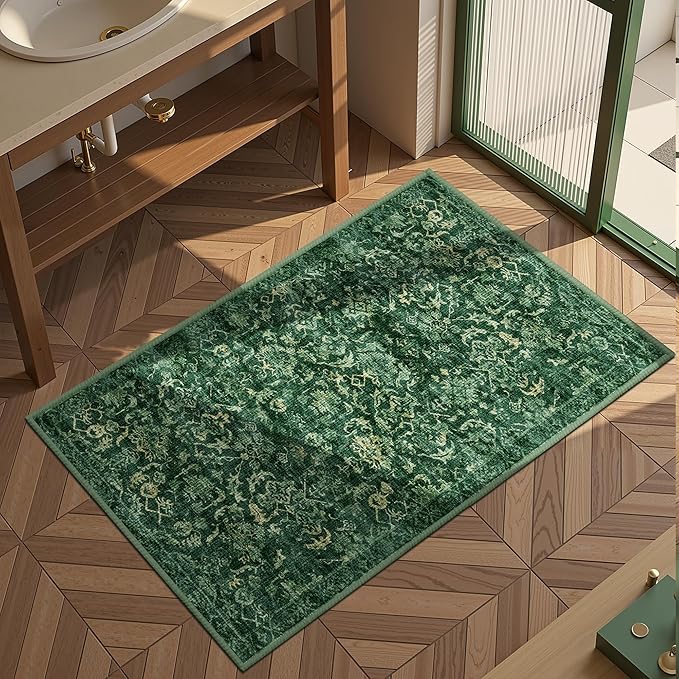 Dark Green 2x4 Runner Rug for Hallways Bed Side Kitchen, Boho Washable Distressed Low-Pile Floor Entryway Long Bathroom Mat, Non-Slip Laundry Room Washstand Front Carpet Green 24x48 Inch