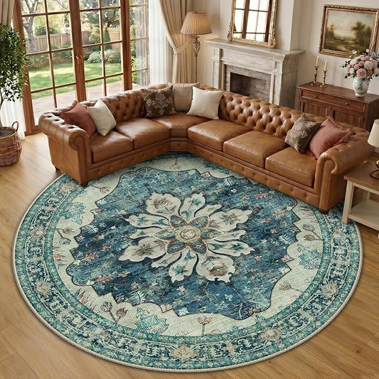 RELEANY Area Rugs Round 10ft Washable Non-Slip, Floral Vintage Distress Print Pattern Medallion Carpet for Living Room Bedroom Dining Room, Dark Blue Vintage