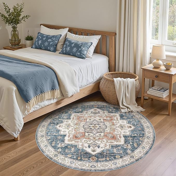 6x6 Round Area Rugs Washable Vintage - Soft Traditional Rugs for Living Room Large Non Slip Backing with Low Pile Farmhouse Oriental Retro Carpet for Bedroom Dining Room or Home Office - Blue