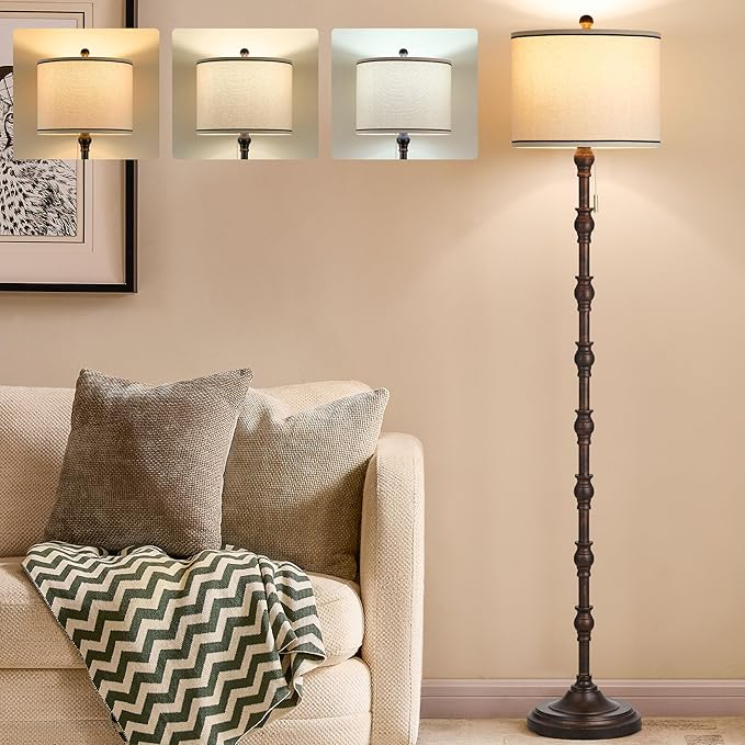63.5'' Floor Lamps for Living Room, Farmhouse Floor Lamp for Bedroom with 3 Color Temperatures, Vintage Standing Lamps for Living Room, Living Room Light, Chain Switch, Bulb Included, Black