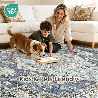 5x7 Washable Area Rugs for Living Room: Non Slip Vintage Blue Yellow Rug, Large Soft Stain Resistant Indoor Floor Carpets for Bedroom Dining Room Nursery Home Office Kid & Pet Friendly