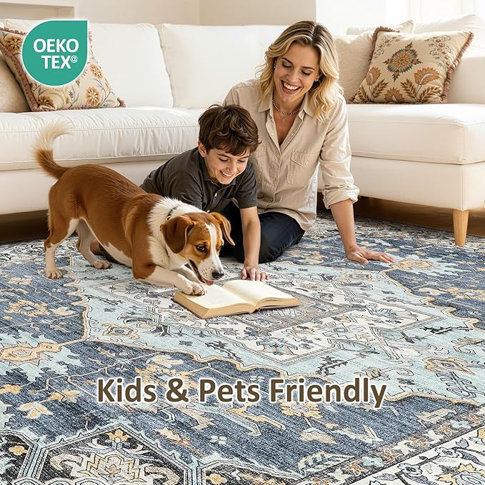 10x14 Washable Area Rugs for Living Room: Non Slip Vintage Blue Yellow Rug, Large Soft Stain Resistant Indoor Floor Carpets for Bedroom Dining Room Nursery Home Office Kid & Pet Friendly