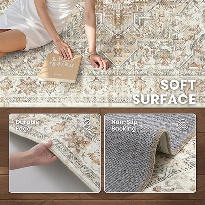 zesthome 9x12 Area Rugs-Washable Rug for Living Room, Non-Slip Backing Rugs, Stain Resistant Rug for Bedroom, Ultra-Thin Low Pile Rugs, Vintage Large Home Decor