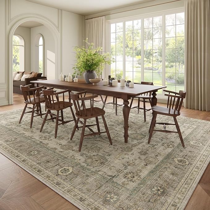 Washable 9x12 Area Rugs for Living Room, Boho Non-Slip Vintage Distress Lager Rugs for Bedroom Dining Room Nursery Office, 0.3" Neutral Oriental Throw Thin Carpet, Flaxen/Multi, B2