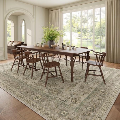 Washable 9x12 Area Rugs for Living Room, Boho Non-Slip Vintage Distress Lager Rugs for Bedroom Dining Room Nursery Office, 0.3" Neutral Oriental Throw Thin Carpet, Flaxen/Multi, B2