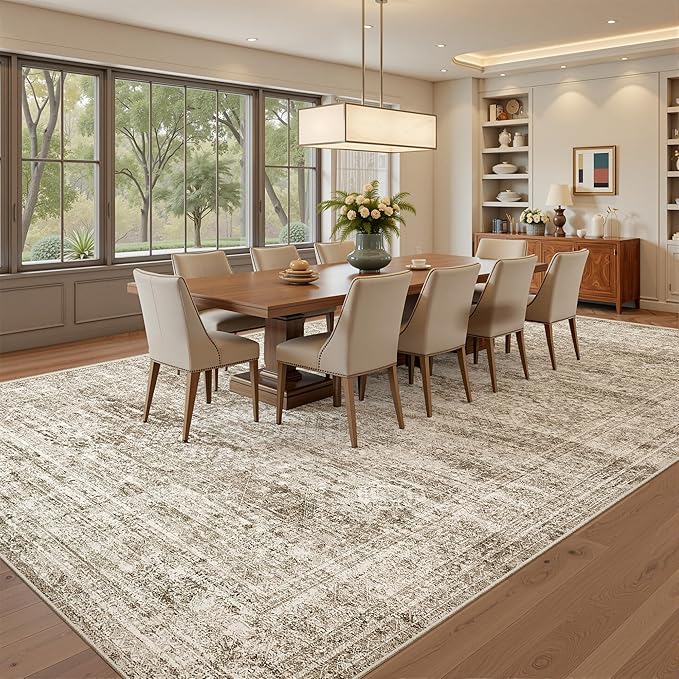 Soalmost 7x10 Area Rug for Living Room Washable Abstract Vintage Soft Thin Indoor Floor Non-Slip Carpet for Bedroom Dining Room Brown