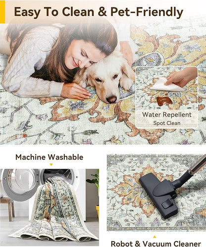 RELEANY Area Rugs 2'x8' Runner Rug Non Slip Washable for Kitchen Hallway Bedroom Beside Laundry Room Bathroom Rug, Floor Carpet, Light Yellow Carbon Grey Orange
