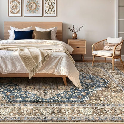 7x10 Area Rug Living Room: Washable Boho Large Neutral Vintage Soft Rugs Stain Resistant Farmhouse Non-Slip Indoor Floor Carpet for Bedroom Nursery Kids Office Dining Room Playroom- Yellow Blue