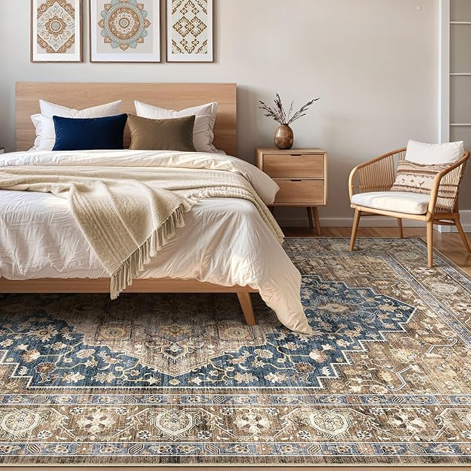 10x12 Area Rug Living Room: Washable Boho Large Neutral Vintage Soft Rugs Stain Resistant Farmhouse Non-Slip Indoor Floor Carpet for Bedroom Nursery Kids Office Dining Room Playroom- Yellow Blue