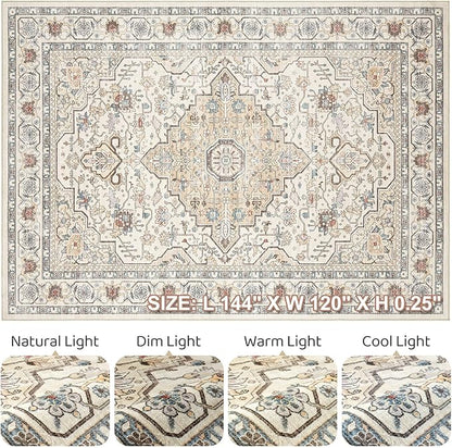 10x12 Area Rug Living Room: Washable Boho Large Neutral Vintage Soft Rugs Stain Resistant Farmhouse Non Slip Indoor Floor Carpet for Bedroom Nursery Kids Playroom Office Dining Room- Cream Blue