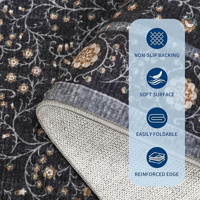 GarveeHome Boho Round Rugs 6ft for Living Room Non Slip, Vintage Botanical Circle Rug Washable Area Rug for Dining Room Stain Resistant, Low Pile Soft Blue Circular Carpet for Nursery Kitchen