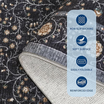 GarveeHome Boho 6x9 Area Rug for Living Room, Floral Vintage Rugs for Bedroom with Soft Low Pile, Non Slip Stain Resistant Botanical Washable Rug 6x9 for Dining Room Blue Carpet for Dorm Office