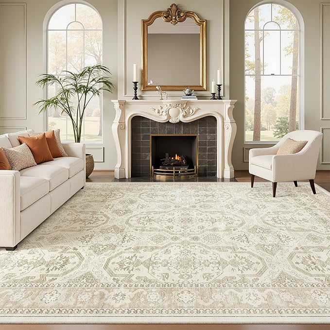 Soalmost Area Rug 10x12 Vintage Washable Living Room Large Carpet Non Slip Bedroom Indoor Office Dining Room Low Pile Thin Rug Beige/Brown