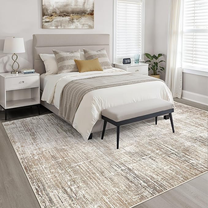 8x10 Area Rugs Living Room: Washable Large Neutral Rug Abstract Soft Modern Stain Resistant Indoor Floor Non-Slip Carpet for Bedroom Nursery Kids Office Playroom Dining Room Under Table- Dark Brown
