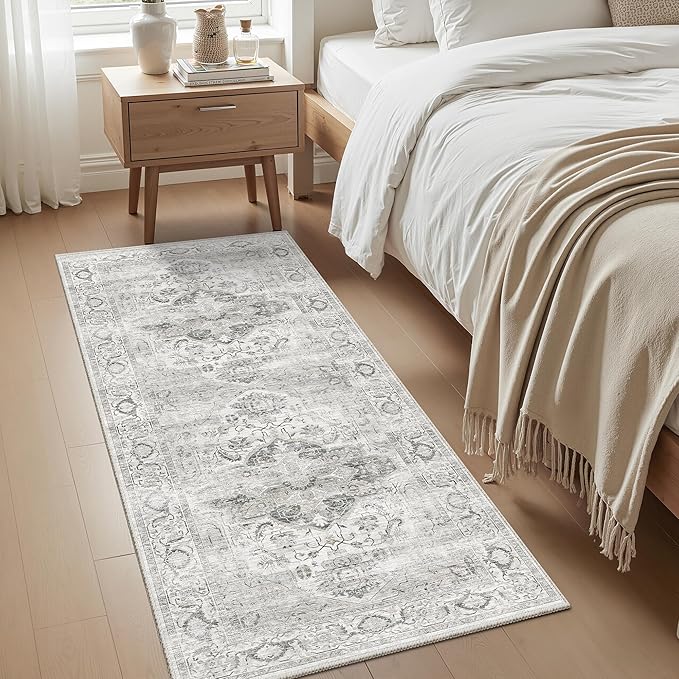 2x5 Washble Hallway Runner Rug - Vintage Non Slip Long Rugs for Entryway Ultra Soft Stain Resistant Distressed Indoor Low Pile Mat Waterproof Carpet for Living Room Bedroom Laundry Ivory/Gray