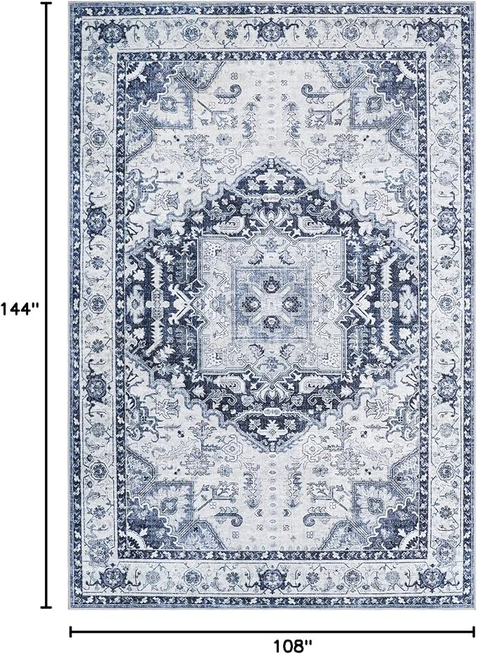 9x12 Area Rugs for Living Room, Machine Washable Non Slip Vintage Rug, Non-Slip Stain Resistant, Large Soft Home Decor Rug for Bedroom Dining Room (Navy/Blue,9'x12')