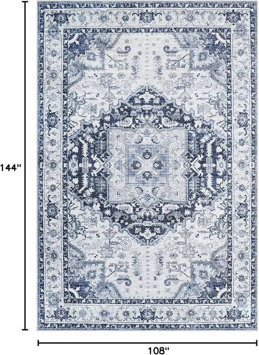 9x12 Area Rugs for Living Room, Machine Washable Non Slip Vintage Rug, Non-Slip Stain Resistant, Large Soft Home Decor Rug for Bedroom Dining Room (Navy/Blue,9'x12')