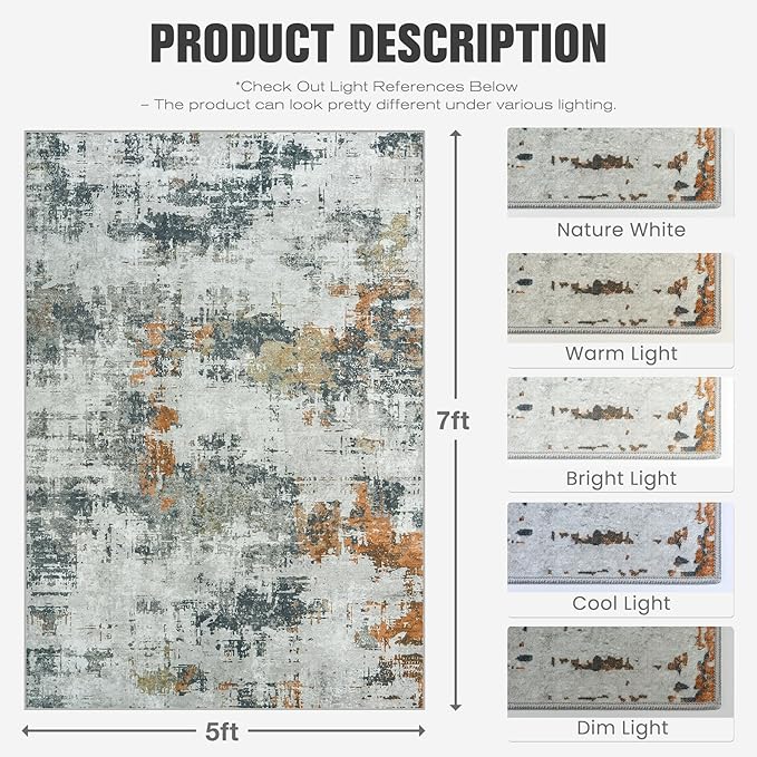 Area Rug 5x7 Living Room Rug Washable: No-Slip Abstract Soft Thin Large Grey Rugs, Indoor Floor Stain Resistant Modern Carpet for Bedroom Dining Room Farmhouse Nursery Home Office (Grey, 5'x7')