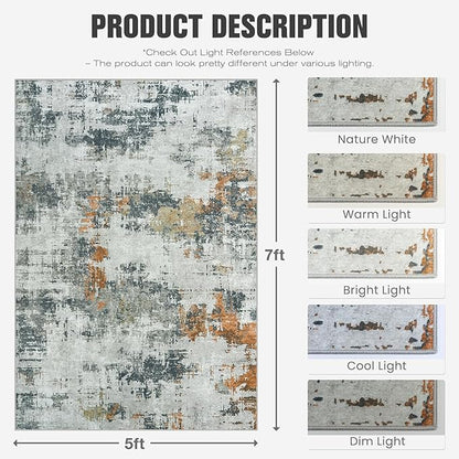 Area Rug 5x7 Living Room Rug Washable: No-Slip Abstract Soft Thin Large Grey Rugs, Indoor Floor Stain Resistant Modern Carpet for Bedroom Dining Room Farmhouse Nursery Home Office (Grey, 5'x7')