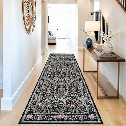 3x10 Botanical Hallway Runner Rug - Non-Slip Washable Long Kitchen Entryway Carpet Runner with Rubber Backing, Boho Floral Soft Low Pile Stain-Resistant (Vibrant Black)