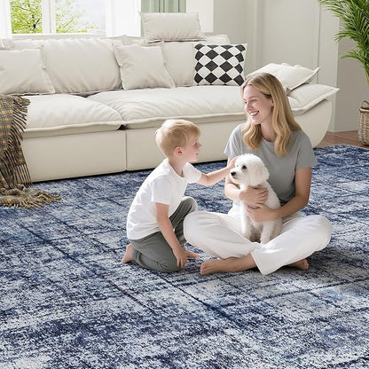 10x14 Area Rugs for Living Room Washable Rug: Anti-Skid Abstract Modern Living Room Rug Soft Thin Carpets Indoor Floor Non-Shedding Carpet for Bedroom Dining Farmhouse Nursery Navy Light Gray
