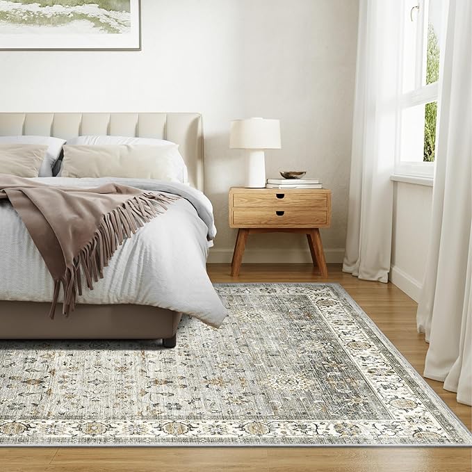 8x10 Area Rugs for Living Room, Machine Washable Non Slip Vintage Rug, Non-Slip Stain Resistant, Large Soft Home Decor Rug for Bedroom Dining Room (Ivory/Grey,8'x10')
