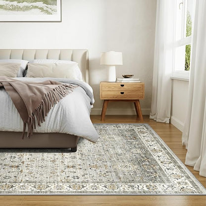 6x9 Area Rugs for Living Room, Machine Washable Non Slip Vintage Rug, Non-Slip Stain Resistant, Large Soft Home Decor Rug for Bedroom Dining Room (Ivory/Gray,6'x9')