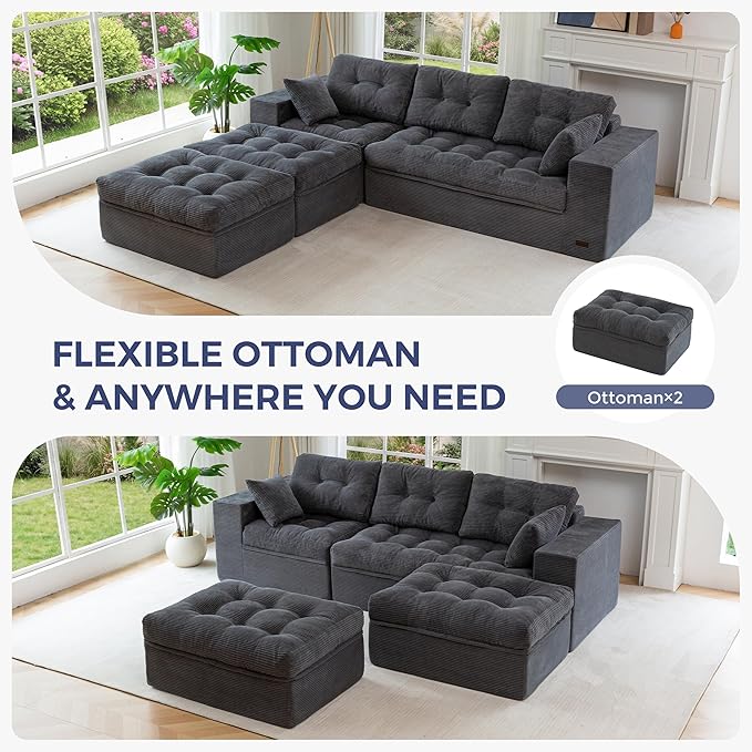 MAXYOYO 104" U Shaped Modular Sectional Sofa with 2 Ottomans, Cloud Boneless Couch with Layered Cushion, Flexible Module Combination Sofa for Living Room, No Assembly Required, Dark Grey