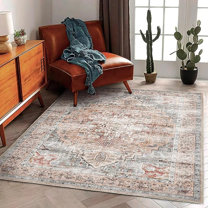 CHAMPLANT 3'x5' Light Cyan and Light red Vintage Washable Thin Area Rug Traditional Floor Cover Foldable Indoor Distressed Non Slip Carpet Floral Print Mat Bedroom Living Room Bathroom