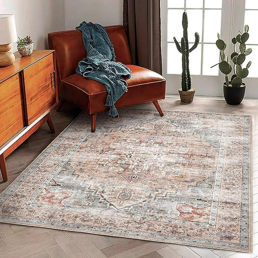 CHAMPLANT 3'x5' Light Cyan and Light red Vintage Washable Thin Area Rug Traditional Floor Cover Foldable Indoor Distressed Non Slip Carpet Floral Print Mat Bedroom Living Room Bathroom