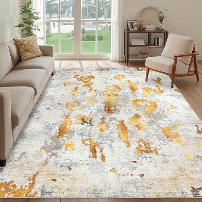Washable 5x7 Area Rug: Modern Large Rugs for Living Room Dining Room Bedroom Office Indoor - Non-Slip Carpet Home Decor - 5x7 Orange Gold Grey