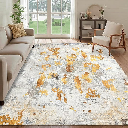 Washable 5x7 Area Rug: Modern Large Rugs for Living Room Dining Room Bedroom Office Indoor - Non-Slip Carpet Home Decor - 5x7 Orange Gold Grey