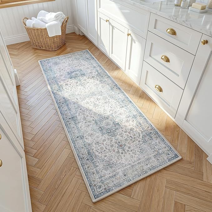 FMFUNCTEX 2x6 Hallway Runner Rug Blue Vintage Washable Distressed Oriental Non Slip Low Pile Neutral Indoor Carpet Retro Antique Thin Entryway Rug for Kitchen Bedroom Bedside Laundry Entry Bathroom