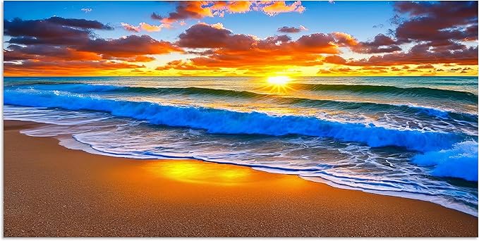 TutuBeer 1 Panel Beach Pictures Blue Sea White Beach at Sunrise Picture Print on Canvas Ocean Pictures Wall Decor Ocean Canvas Art Seascape Wall Art Stretched and Framed 8x16 inch