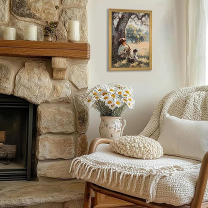 Wood Framed Canvas Wall Art, Vintage Boy and Dog Painting Poster, Countryside Pastoral Landscape Print Picture, Rustic Farmhouse Wall Decor for Living Room Bedroom Nursery 16x24 inch