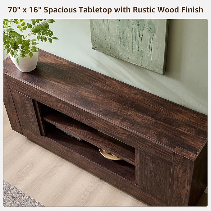 OKD Modern 70" TV Stand, Entertainment Center for TVs Up to 80", Media Console with Large Open Storage & Side Cabinets, Thick Wood Design for Living Room, Dark Walnut
