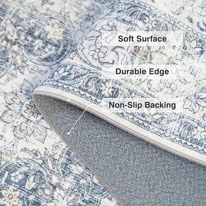 FMFUNCTEX 2x6 Hallway Runner Rug Blue Vintage Washable Distressed Oriental Non Slip Low Pile Neutral Indoor Carpet Retro Antique Thin Entryway Rug for Kitchen Bedroom Bedside Laundry Entry Bathroom