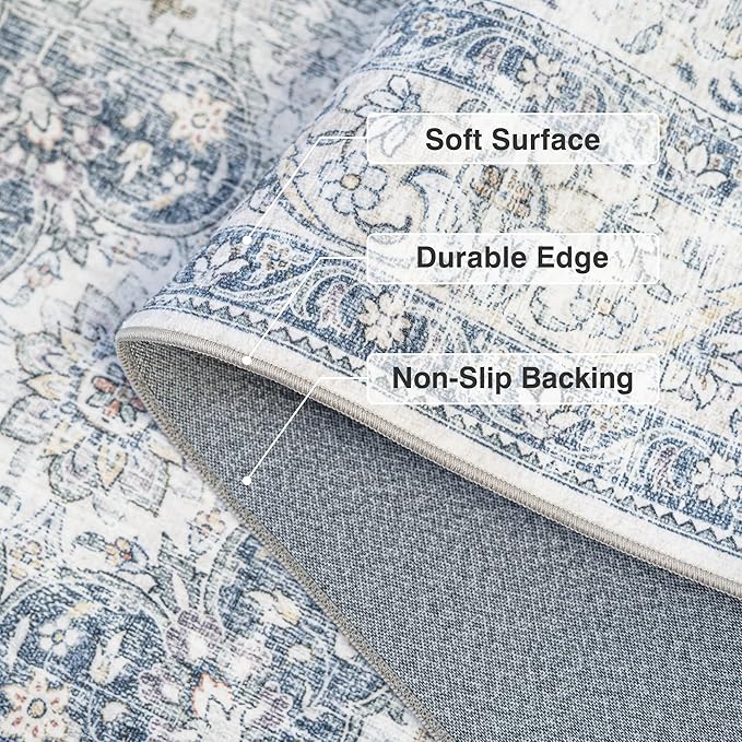 FMFUNCTEX 5x7 Blue Washable Area Rug Vintage Distressed Oriental Non Slip Low Pile Neutral Indoor Carpet for Living Room Bedroom Soft Retro Floral Thin Large Rug for Dining Nursery Office Dorm
