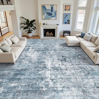 Soalmost 12x15 Washable Area Rug Blue/Grey Neutral Abstract Living Room Large Carpet Non Slip Bedroom Indoor Office Dining Room Low Pile Thin Rug